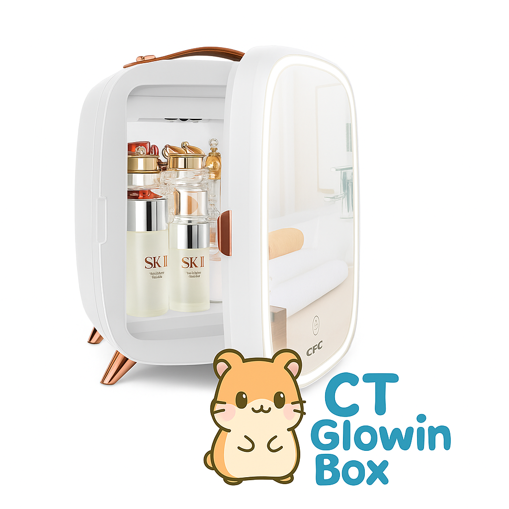 CT GlowinBox LED mirror skincare fridge | 6L mini skincare fridge with mirror | skincare fridge with LED light | beauty fridge with mirror door | cosmetics cooler and warmer 6L | LED skincare fridge for vanity | portable skincare fridge with mirror | GlowinBox mini fridge with LED mirror | stylish 6L skincare fridge | LED mirror fridge for beauty products