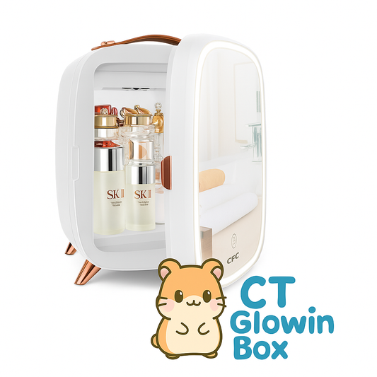 CT GlowinBox LED mirror skincare fridge | 6L mini skincare fridge with mirror | skincare fridge with LED light | beauty fridge with mirror door | cosmetics cooler and warmer 6L | LED skincare fridge for vanity | portable skincare fridge with mirror | GlowinBox mini fridge with LED mirror | stylish 6L skincare fridge | LED mirror fridge for beauty products